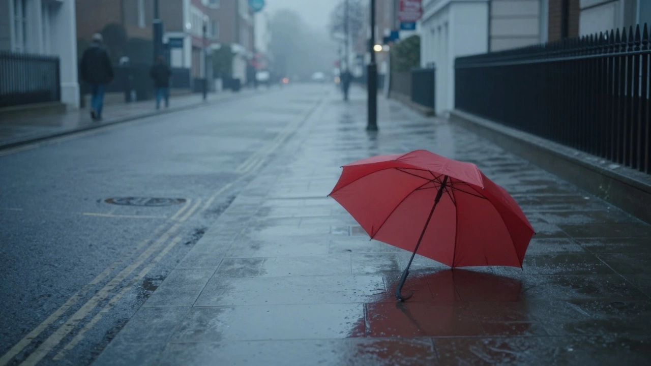 A lone red umbrella standing in a foggy UK street at dawn, reflecting in a puddle.