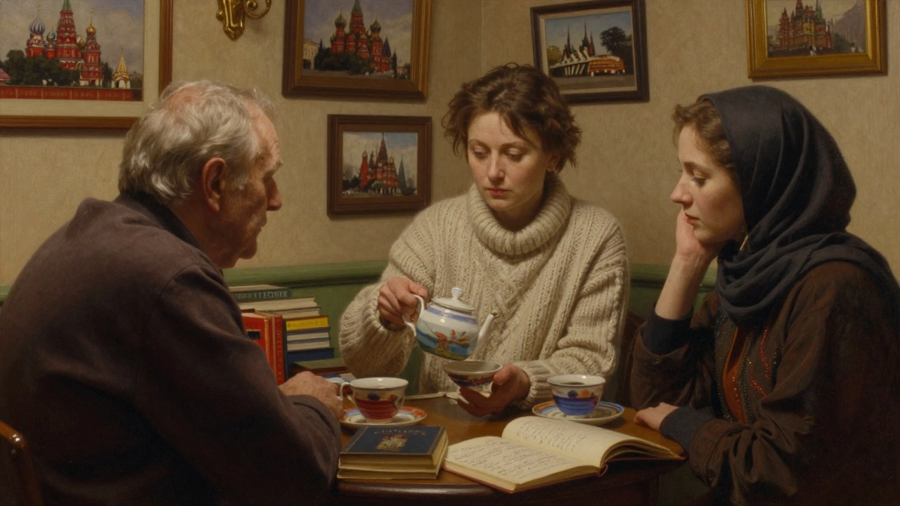 A Russian woman serving tea to guests in a cozy London flat with books and handwritten letters on display.