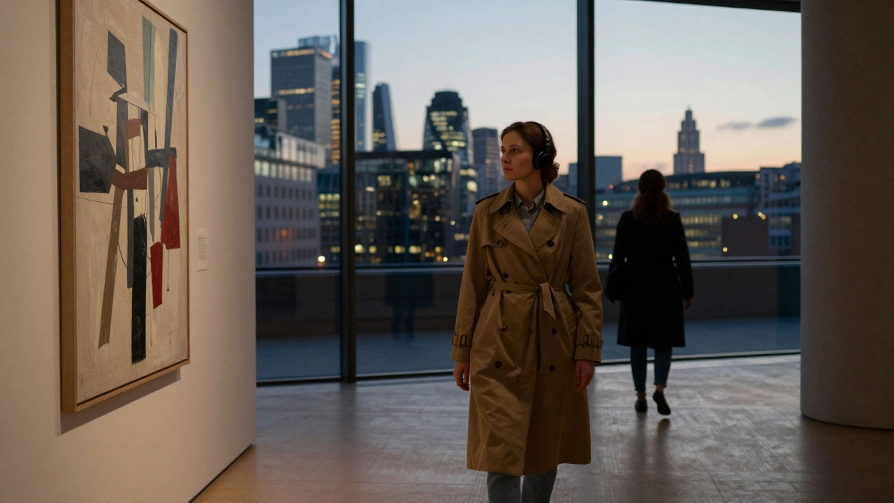 A Russian woman walking through Tate Modern, wearing a trench coat and headphones, gazing at modern art.