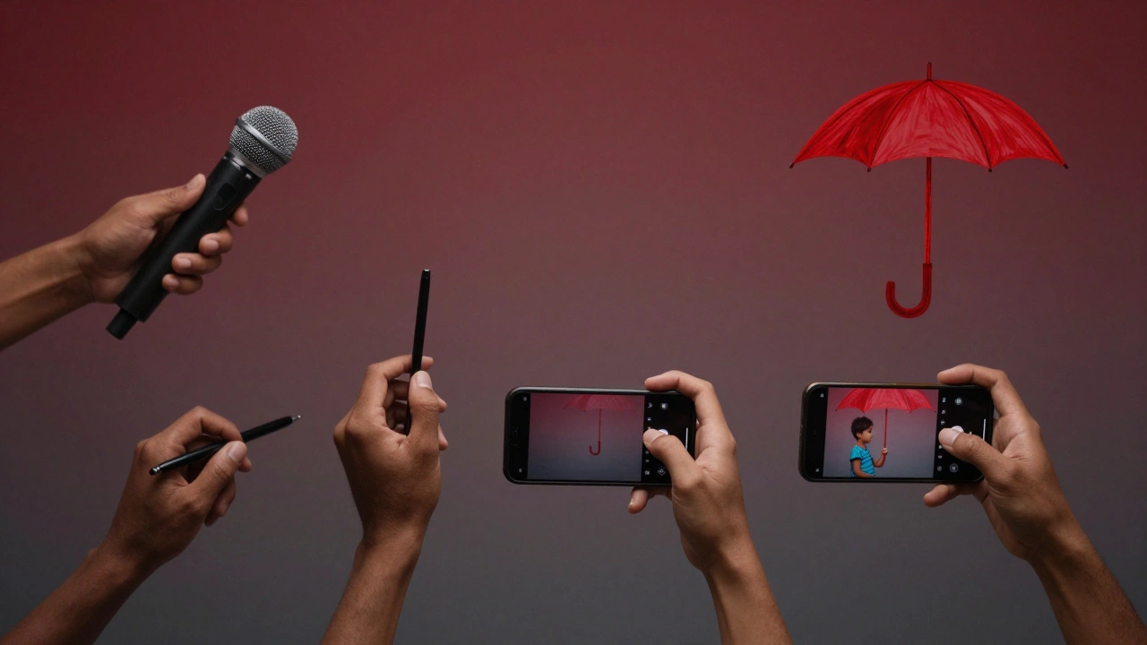 Diverse hands holding objects symbolizing storytelling: microphone, pen, smartphone, and a child&#039;s drawing.